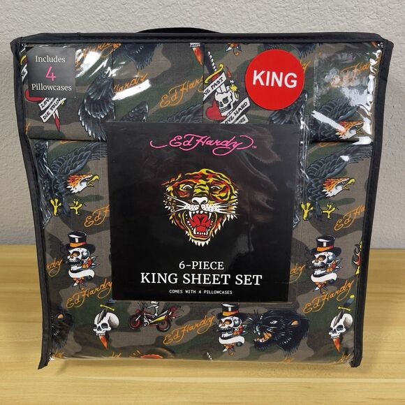Ed Hardy 6 Piece King Bed Sheet Set Camouflage Skull Tattoo NEW - Picture 1 of 7